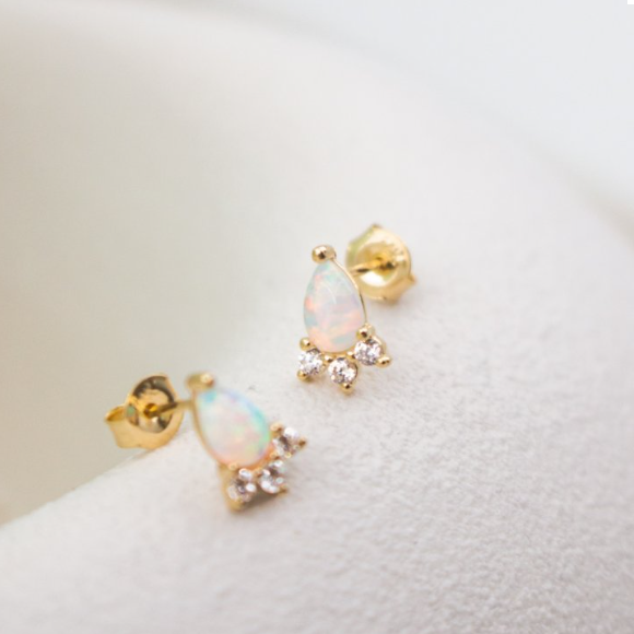 10ky Gold Opal and Diamond Stud Earrings