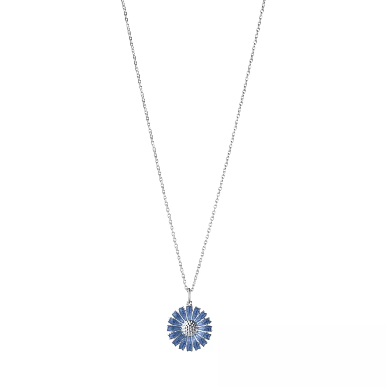 A blooming blue daisy hangs on a sterling silver chain giving life to this elegant pendant.