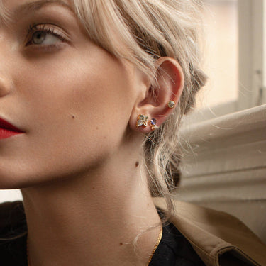 Zonda Stud Earrings in Iolite & Tourmilated Quartz | on model