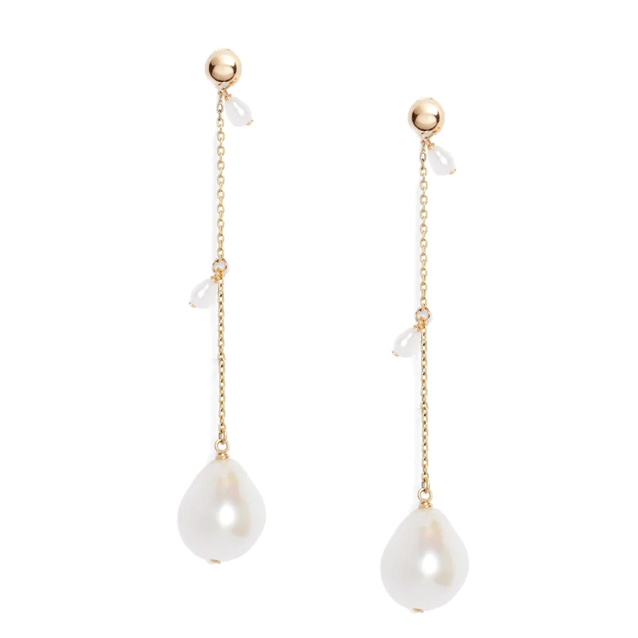 Gold Ball Linear Baroque Pearl Drop Earrings | Magpie Jewellery