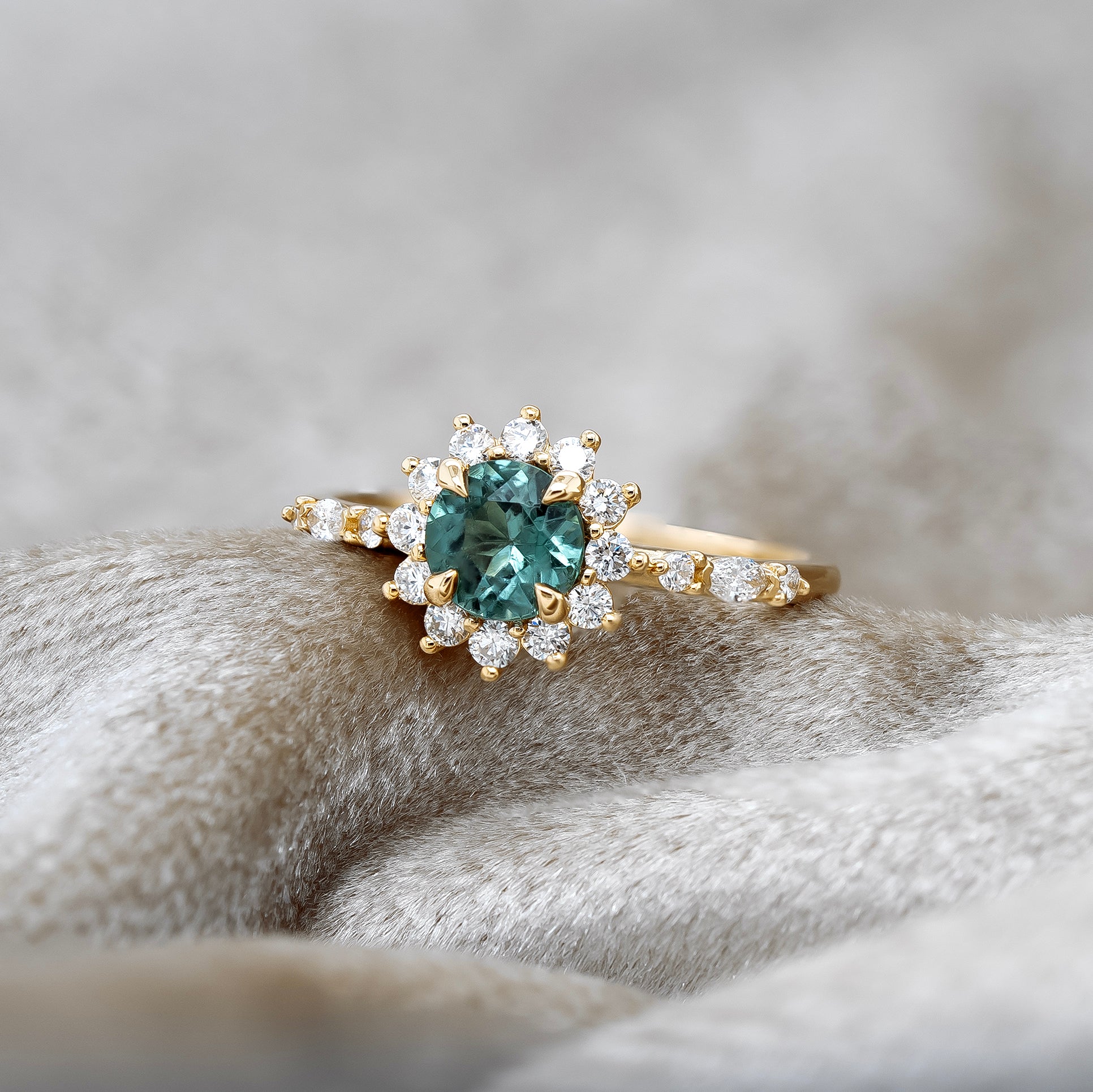 Teal Sapphire Halo Ring | Magpie Jewellery