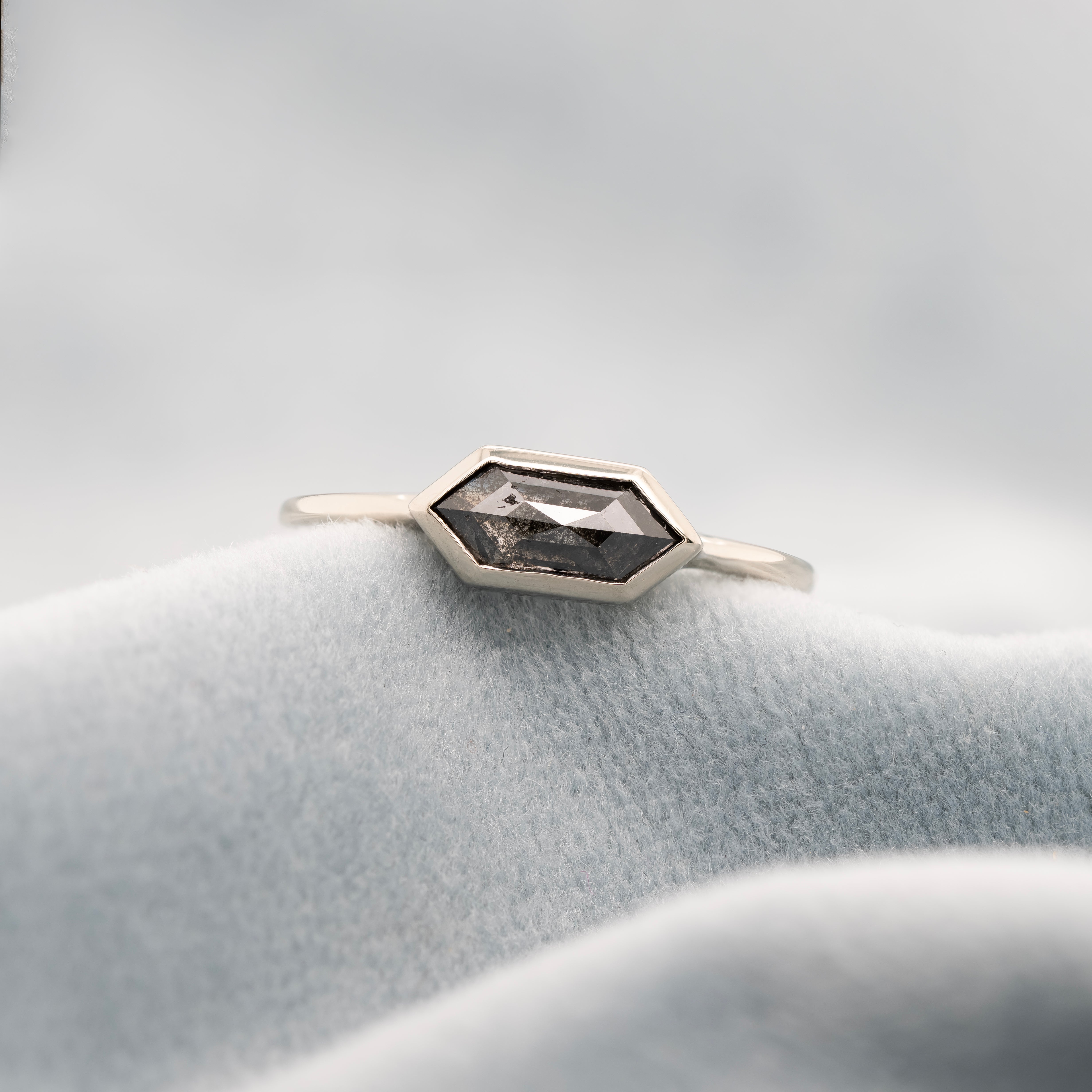 White Gold East-West Hexagonal Salt & Pepper Diamond Solitaire | Magpie Jewellery