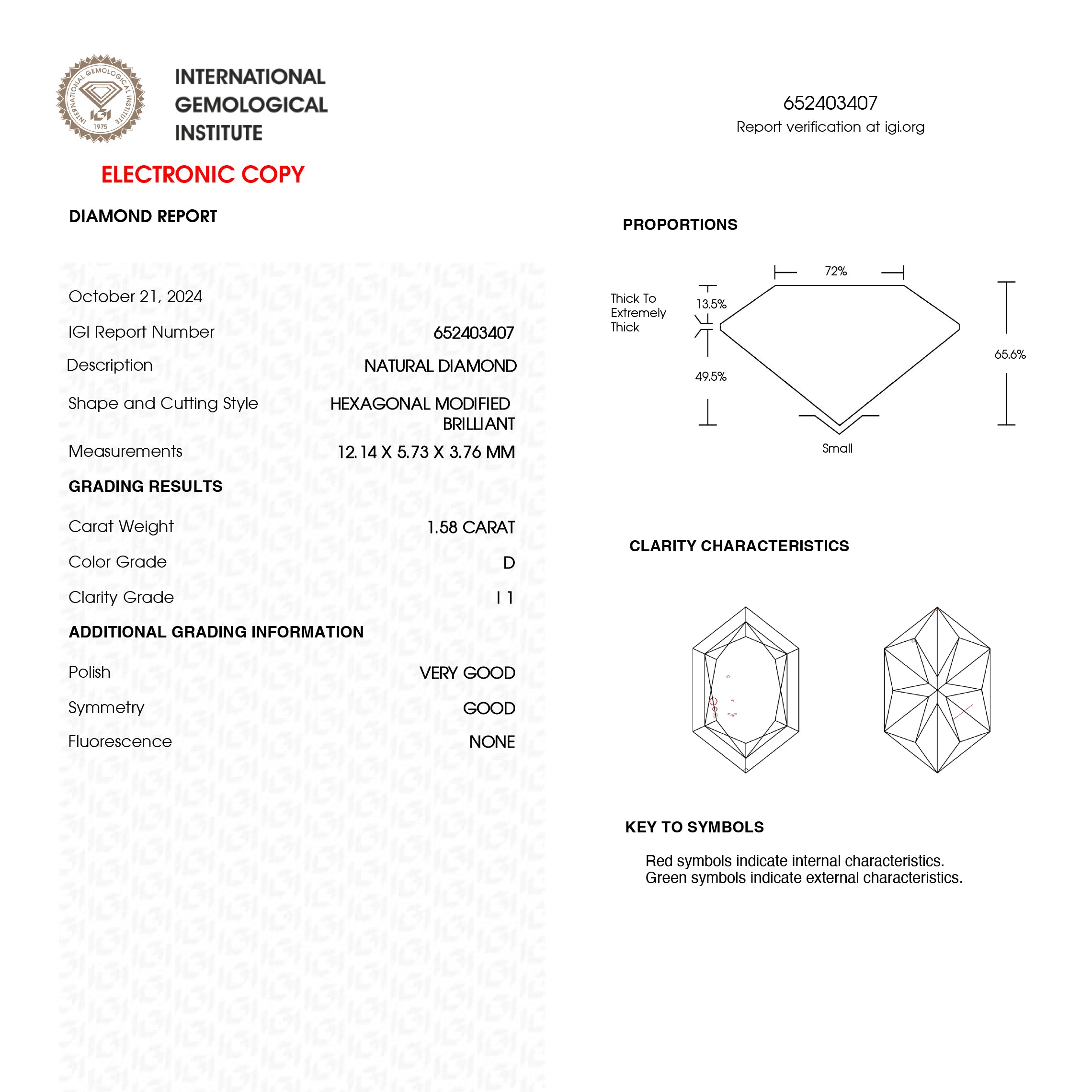 1.58ct 12.14x5.73x3.76mm IGI I1 D Hexagon Brilliant 25747-01 – Magpie