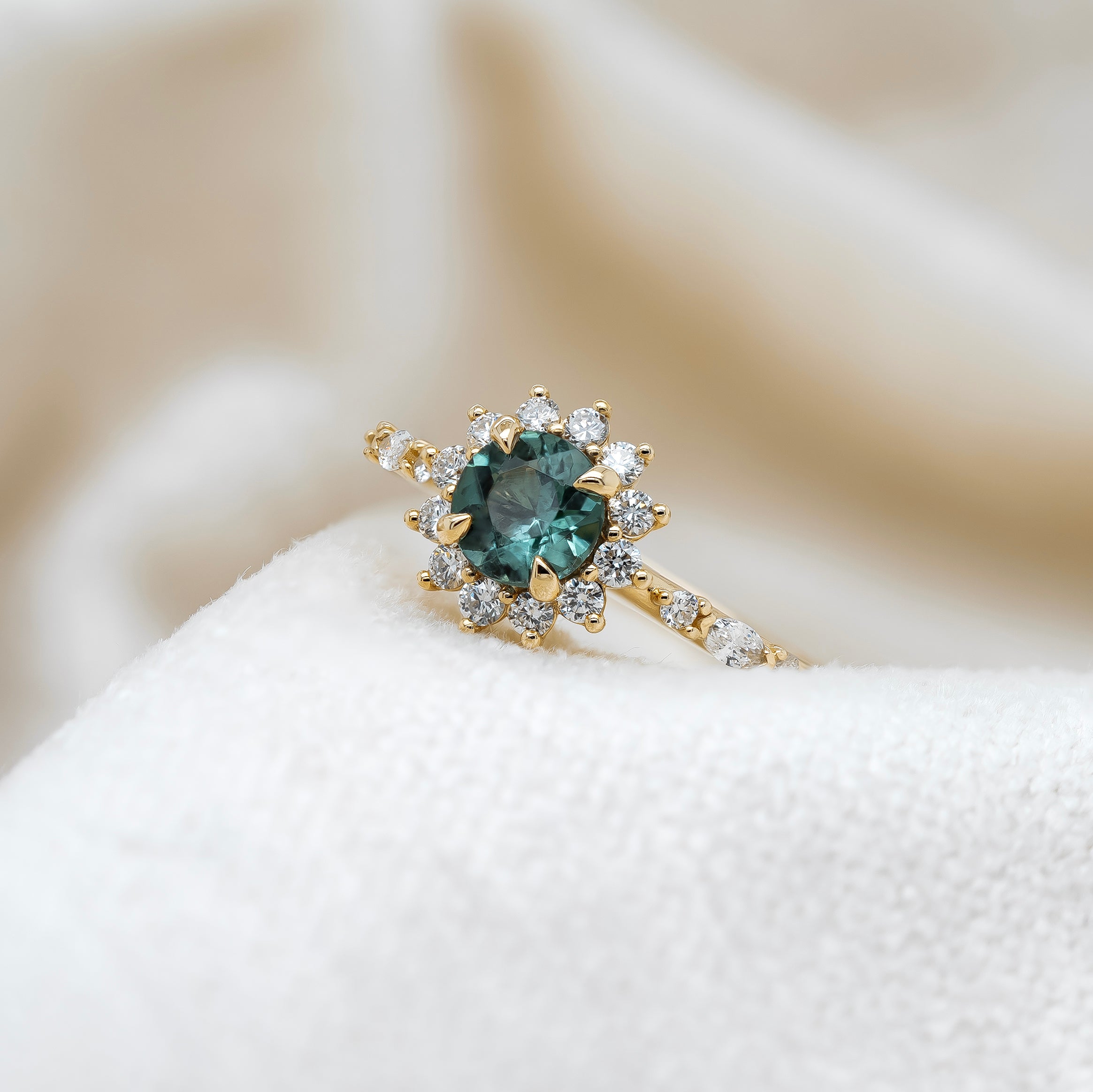 Teal Sapphire Halo Ring | Magpie Jewellery