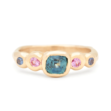 Bezel Set 5 Stone Ring Blue Centre Sapphire w/Pink & Blue Sapphires