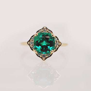 The Maeve Ring featuring 2.15ct Lab Grown Cushion Cut Emerald