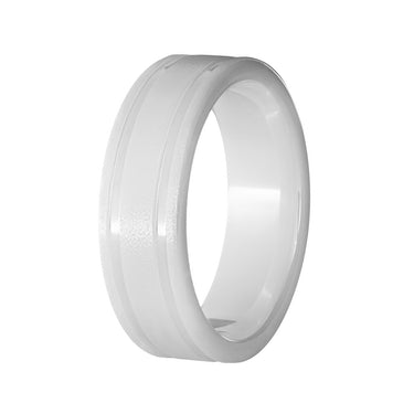White Ceramic Grooved Ring with Stone Finish
