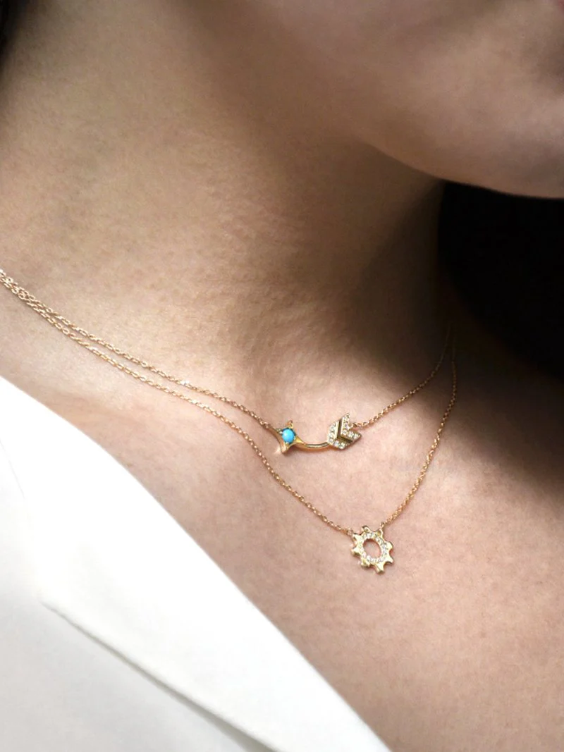 Arrow Bar Necklace - Gold, Turquoise &amp; White Sapphire