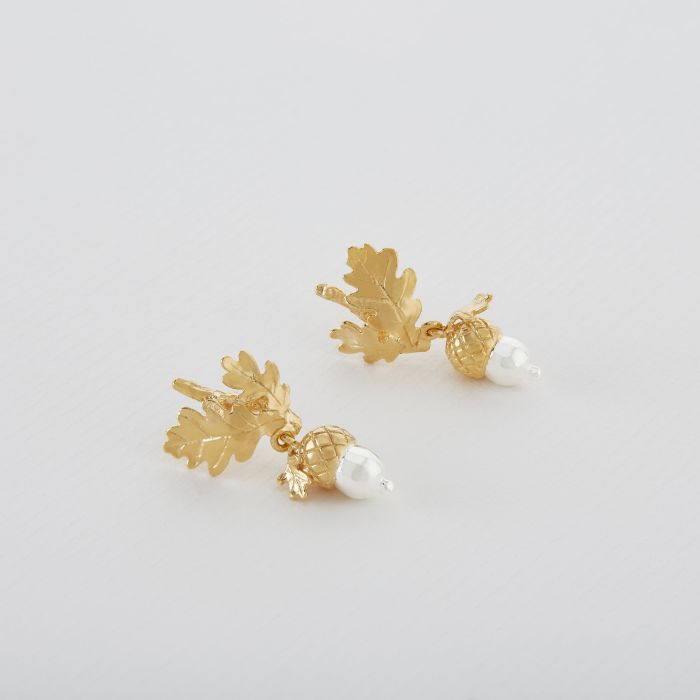 Gold Plated Silver Acorn Drop earrings with Golden Leaves Connected