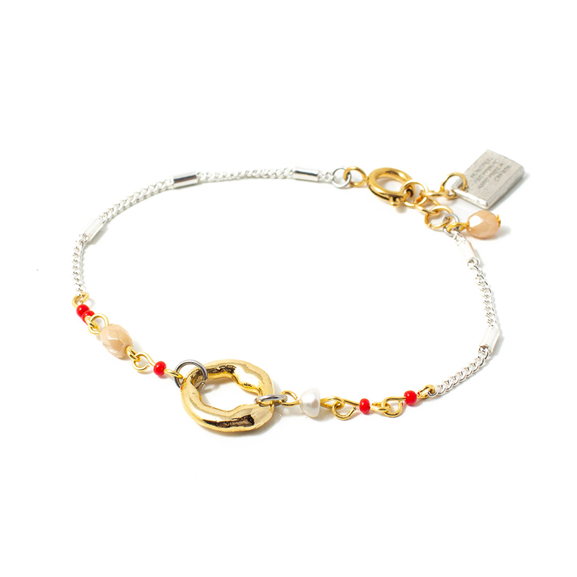 Pewter and Gold Bracelet with red Stones Studded towards the front