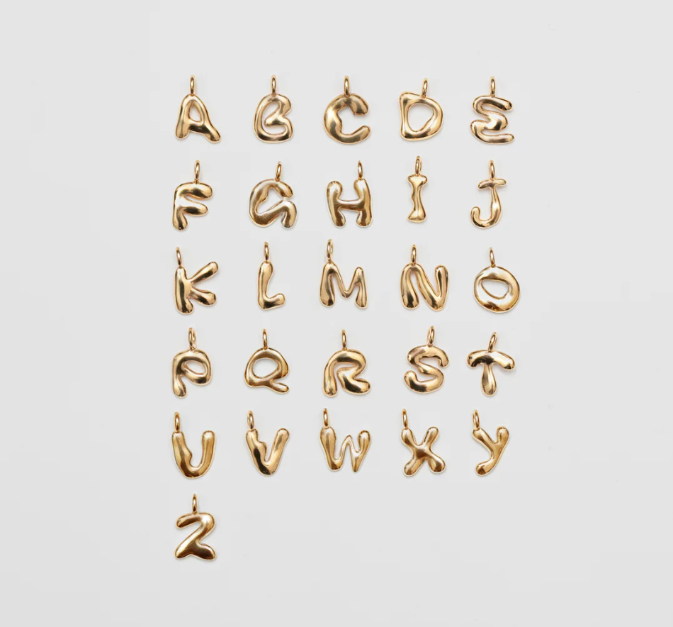 Array of 14k Gold Plated Brass alphabet Charms, with all letters from A-Z