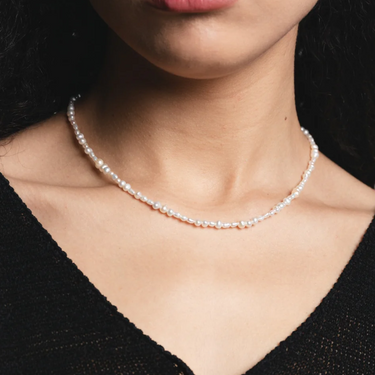 Mixed freshwater pearl necklace with  sterling silver lobster clasp | on model