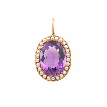 VINTAGE Pendant 15ky Gold - approx. 12ct Amethyst Pendant w. 26 Seed Pearl Halo