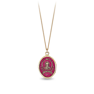 14k Yellow gold talisman Necklace with a bright Red background depicting a Sun rising over a tall mountain peak, with the words "amor fati" written below