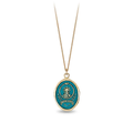 14k Yellow gold talisman Necklace with a bright Blue background depicting a Sun rising over a tall mountain peak, with the words "amor fati" written below