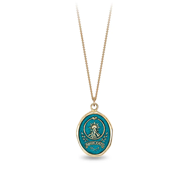 14k Yellow gold talisman Necklace with a bright Blue background depicting a Sun rising over a tall mountain peak, with the words "amor fati" written below