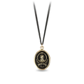 Black sterling silver necklace with a 14k Yellow gold talisman depicting a sun rising over a tall mountain peak with the words "amor fati" written below it