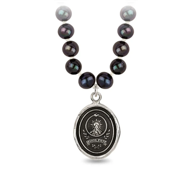 Peacock Black Freshwater Pearl Necklace with a Sterling Silver talisman depicting a Large mountain with a sun behind the peak, and the text "amor Fati" below it