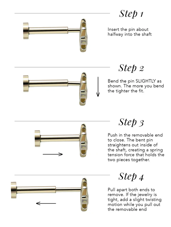 Description on how to insert the earring ( STEP ONE: Insert the Pin About halfway into the shaft. STEP TWO: Bend the pin SLIGHTLY as shown. the more you bend it the tighter the fit. STEP THREE Push in the removable end to close. The bent pin Straightens out inside of the shaft, creating a spring tension force that holds the two pieces together. STEP FOUR: Pull apart both ends to remove. If the jewelery is tight, add a slight twisting motion while you pull out the removable end.)