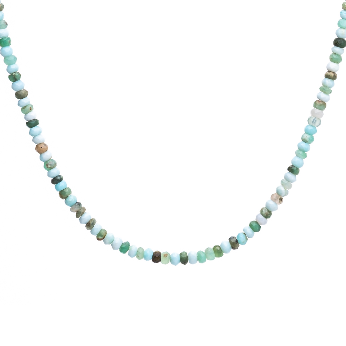 This Aqua necklace features Blue Peruvian Opal and Shiva Shell with a brass toggle clasp for convenient wear. 