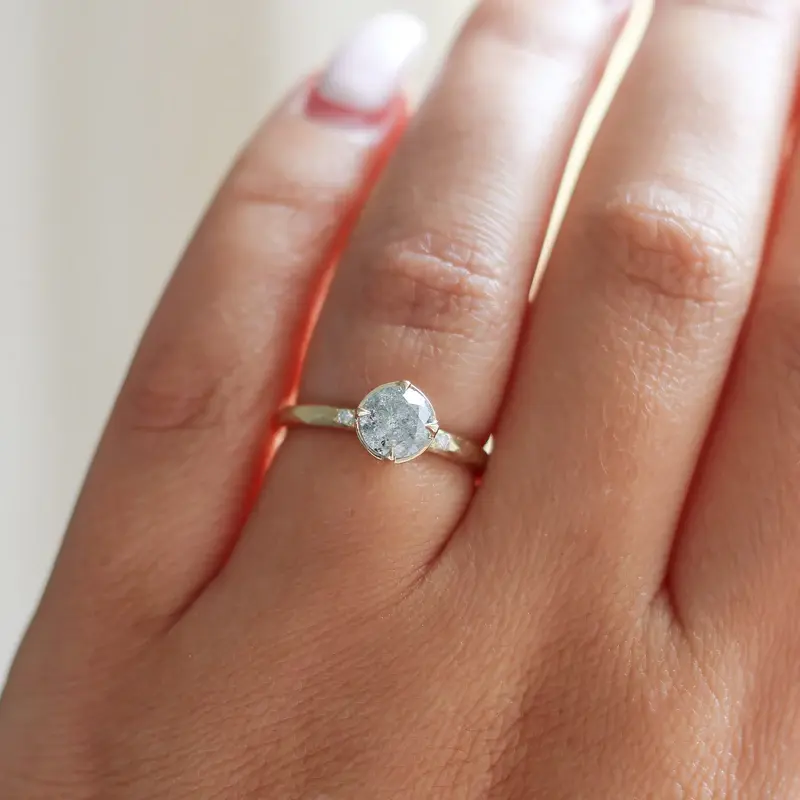 14k Yellow Gold Ring Featuring a Claw Set .98ct Diamond  with .02ct Dia accents | on hand model