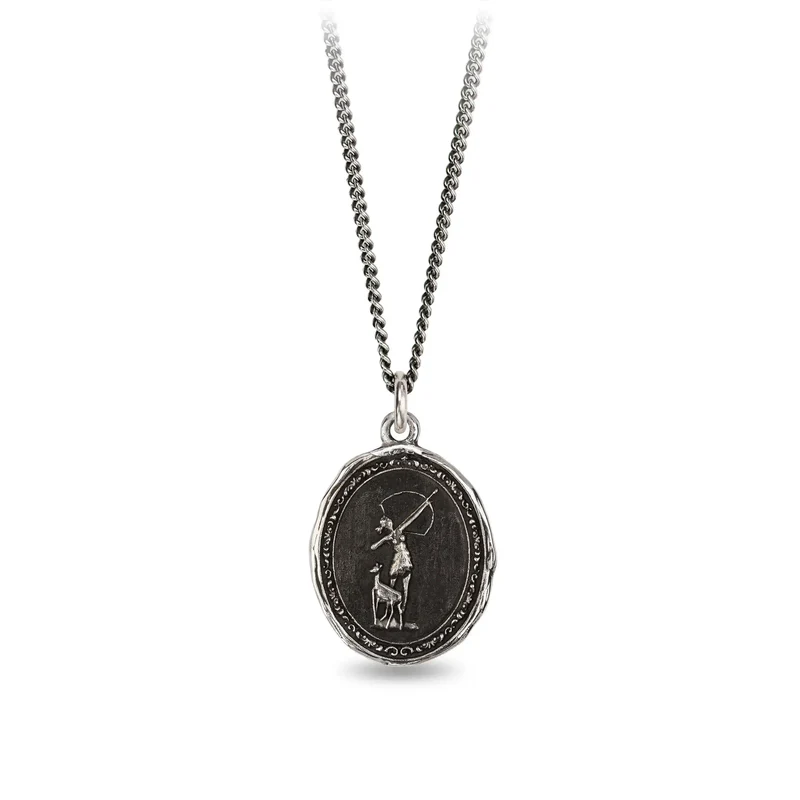 Sterling Silver talisman necklace depicting the goddess of myhros Artemis, standing with a bow aimed to the sky, and a deer beside her leg