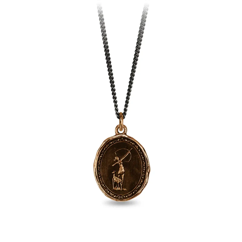 Bronze talisman necklace depicting the goddess of myhros Artemis, standing with a bow aimed to the sky, and a deer beside her leg