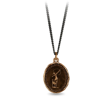 Bronze talisman necklace depicting the goddess of myhros Artemis, standing with a bow aimed to the sky, and a deer beside her leg