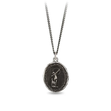Sterling Silver talisman necklace depicting the goddess of myhros Artemis, standing with a bow aimed to the sky, and a deer beside her leg