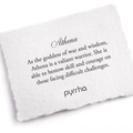 A Pyrrha note describing the Athena talisman. It reads, "As the goddess of war and wisdom, Athena is a valiant warrior. She is able to bestow skill and courage on those facing difficult challenges."