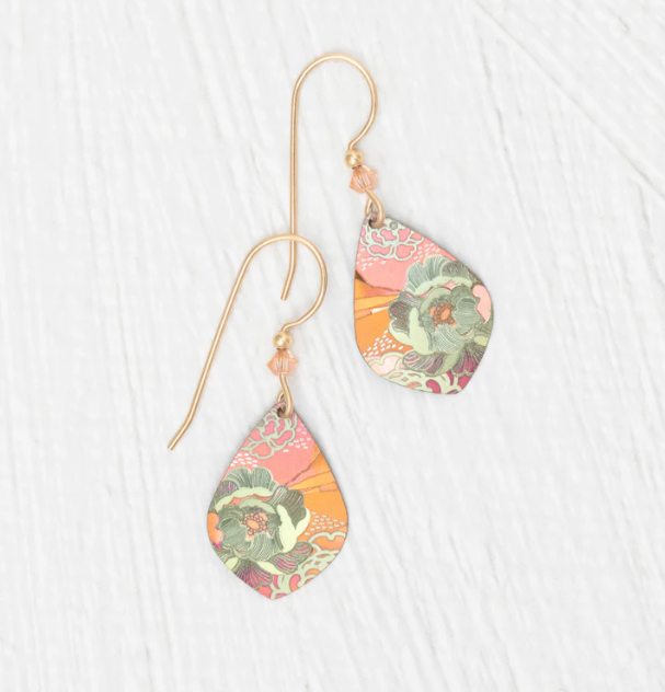Niobium Drop Earrings with a Artisinal Floral Design featuring Pink green and orange 