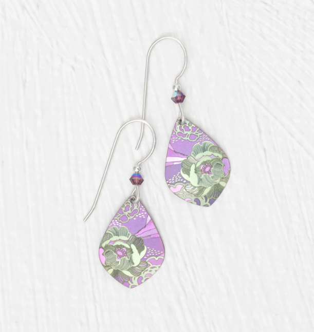 Niobium Drop Earrings with an artisinal floral design featuring a purple background and a mellow grey/greenish accenting
