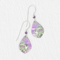 Niobium Drop Earrings with an artisinal floral design featuring a purple background and a mellow grey/greenish accenting