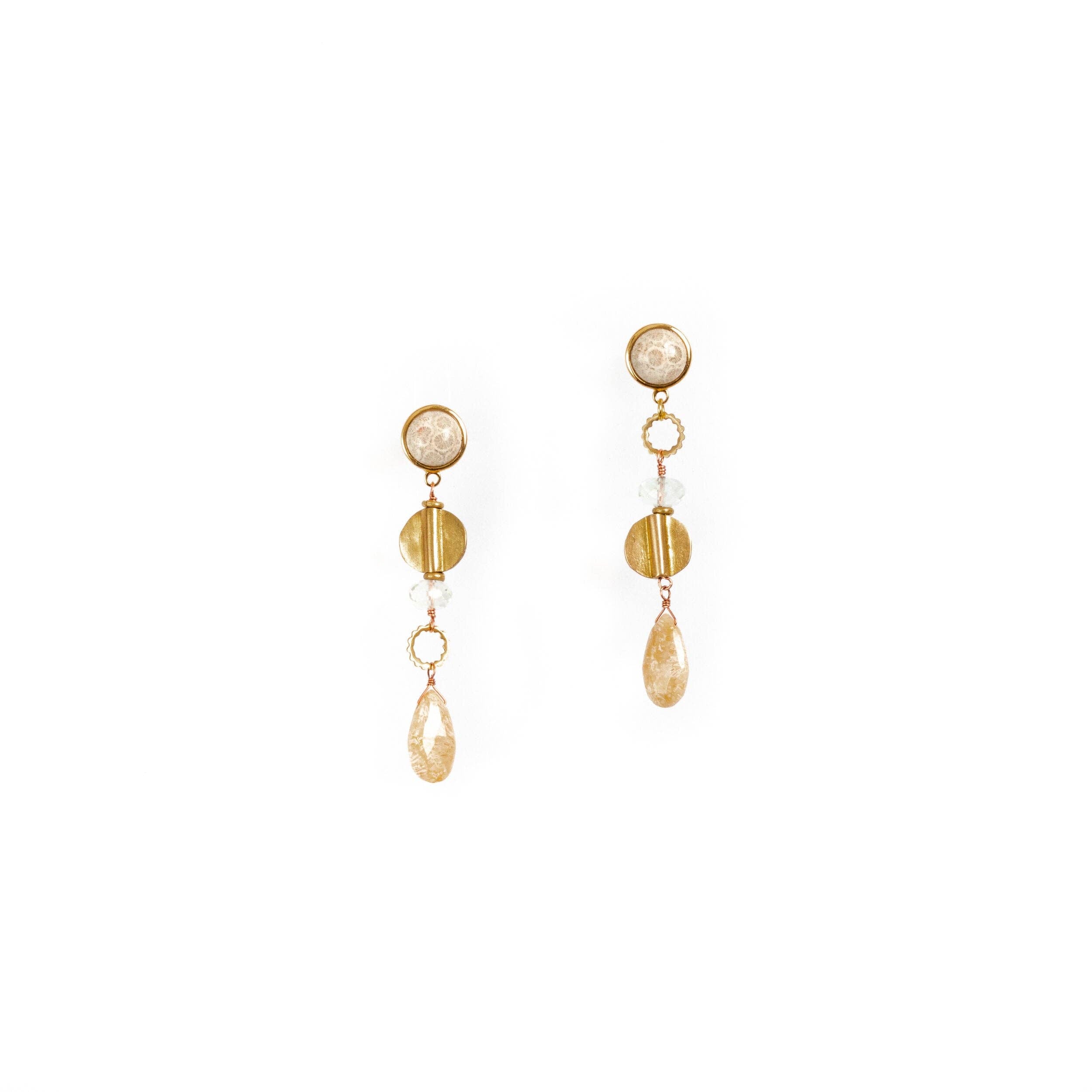 Augustea Earrings, with a hand cut coral Jade for the bottom teardrop and the top round stud, set in 14K gold-plated brass with Vermeil earring posts. Accented with fair-trade recycled brass, including a Peach Moonstone