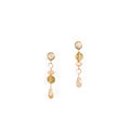 Augustea Earrings, with a hand cut coral Jade for the bottom teardrop and the top round stud, set in 14K gold-plated brass with Vermeil earring posts. Accented with fair-trade recycled brass, including a Peach Moonstone