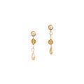 Augustea Earrings, with a hand cut coral Jade for the bottom teardrop and the top round stud, set in 14K gold-plated brass with Vermeil earring posts. Accented with fair-trade recycled brass, including a Peach Moonstone