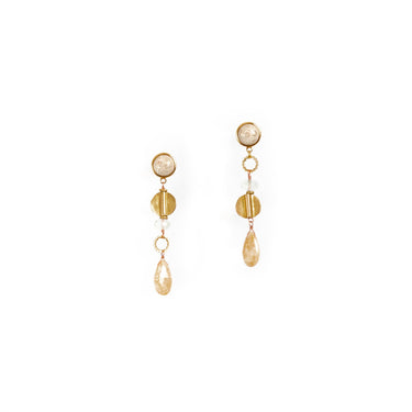 Augustea Earrings, with a hand cut coral Jade for the bottom teardrop and the top round stud, set in 14K gold-plated brass with Vermeil earring posts. Accented with fair-trade recycled brass, including a Peach Moonstone