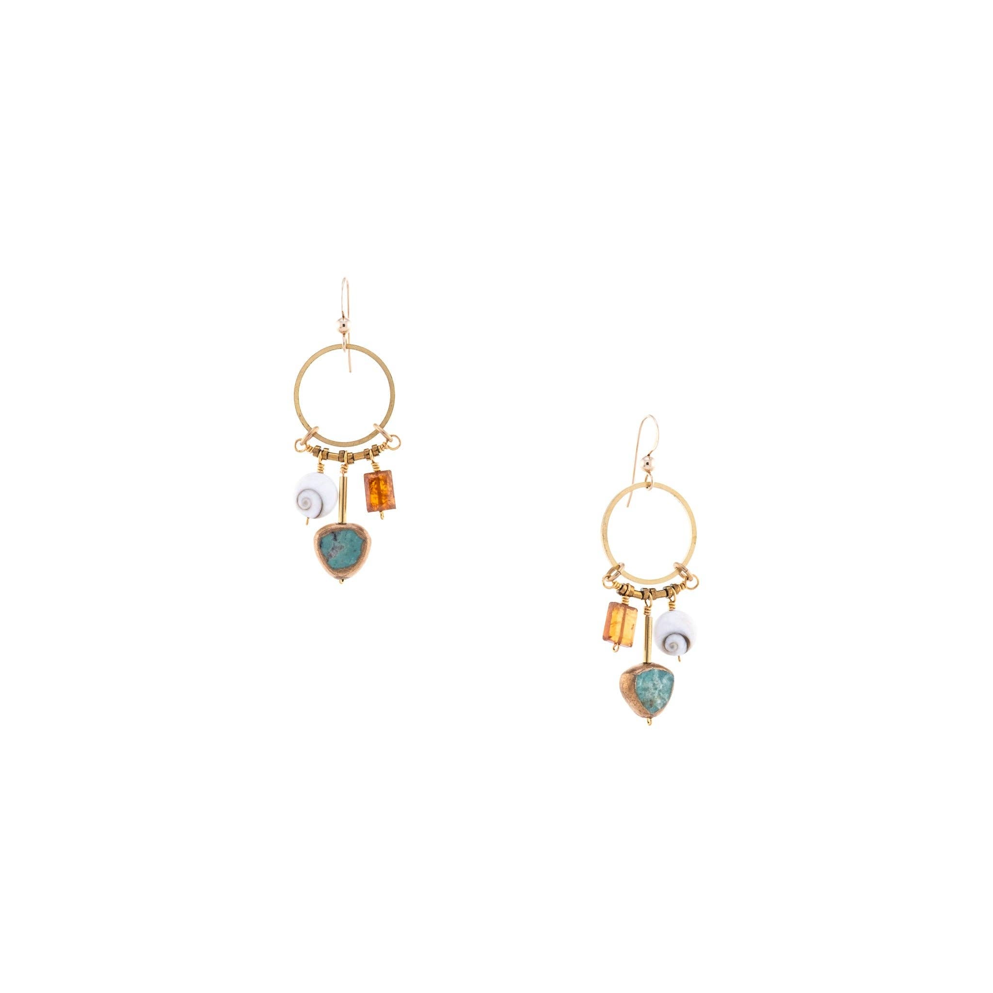 Baby Austra Earrings feature a unique combination of brass-edged Turquoise, Hessonite Shiva Shell
