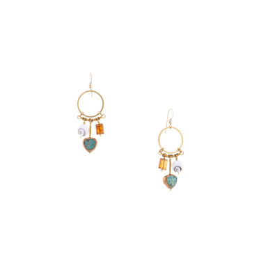 Baby Austra Earrings feature a unique combination of brass-edged Turquoise, Hessonite Shiva Shell