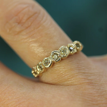 14k Yellow Gold Band with Tiny Sage green SApphires studded through out the top  | On Model