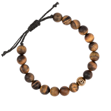 Tiger's Eye Beaded Bracelet with a Bronze Charm Bead Depicting A Skull