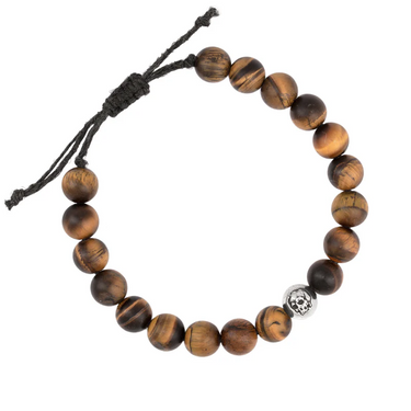 Tiger's Eye Beaded Bracelet with a Sterling Silver Charm Bead Depicting A Skull