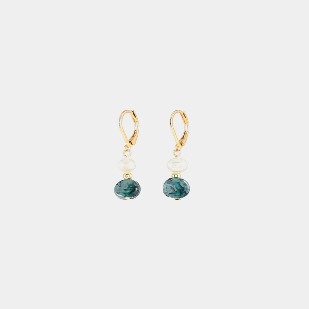 Delicate gold earrings with a freshwater pearl and a colorful dark green-blue bead