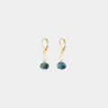 Delicate gold earrings with a freshwater pearl and a colorful dark green-blue bead