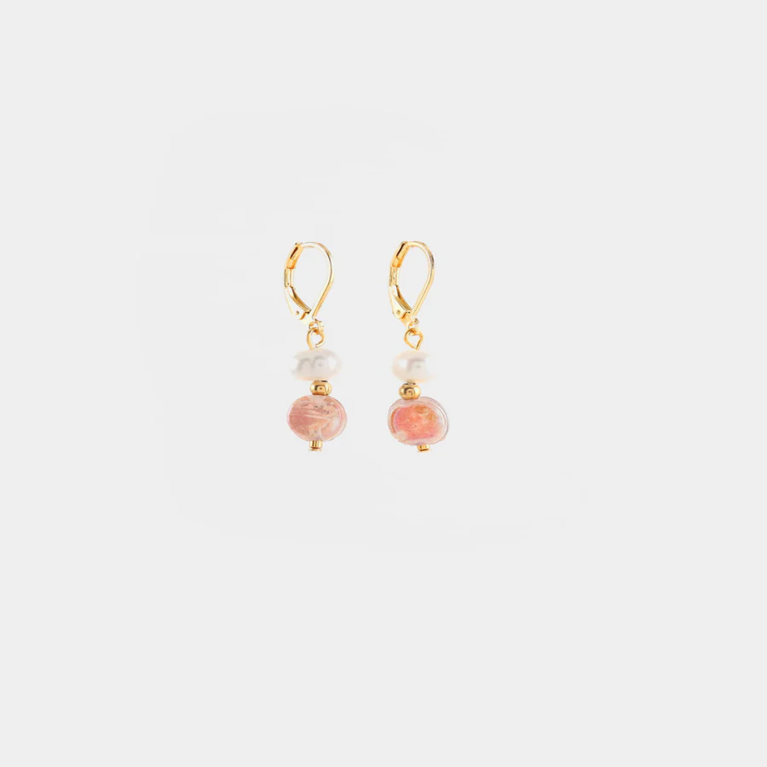 Delicate gold earrings with a freshwater pearl and a colorful pink bead
