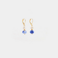 Delicate gold earrings with a freshwater pearl and a colorful Blue bead