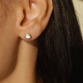 14k Yellow gold Plated sterling silver bezel studs, in an oval shape with a white topaz gemstone | on model