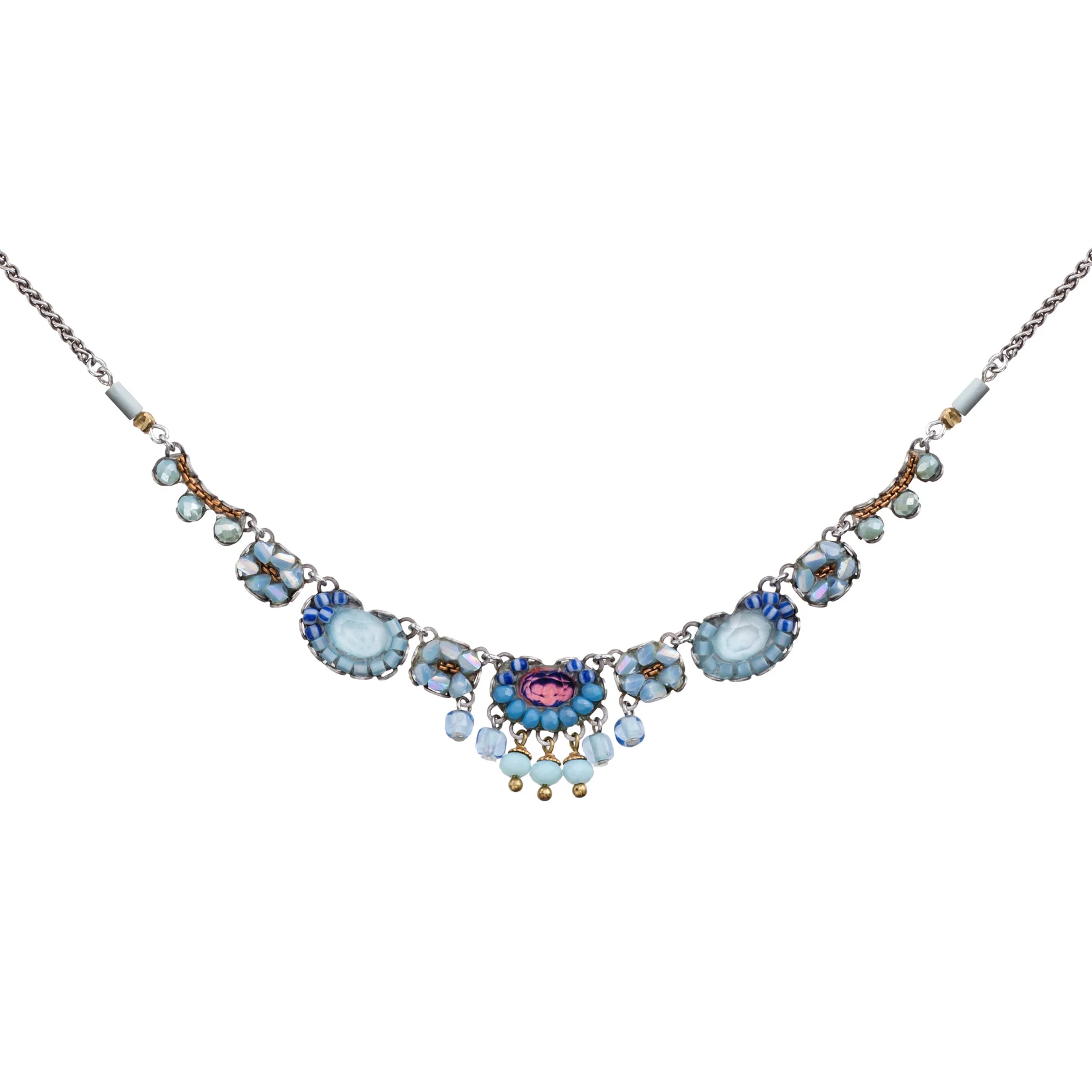 Plated Sterling Silver Bird Necklace predominantly featuring many strung together beads with the main colours being tones of blue and metal