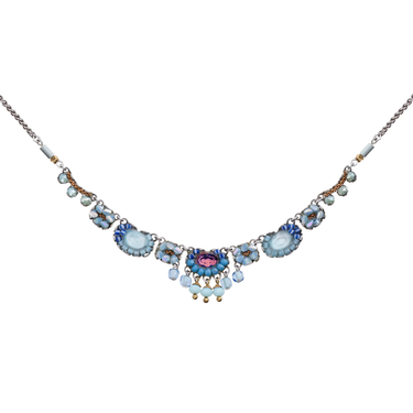 Plated Sterling Silver Bird Necklace predominantly featuring many strung together beads with the main colours being tones of blue and metal