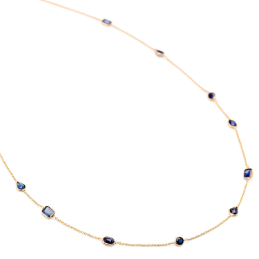 14k yellow gold Blue Multi-Shape Sapphire Necklace, featuring Many varying shapes of sapphires